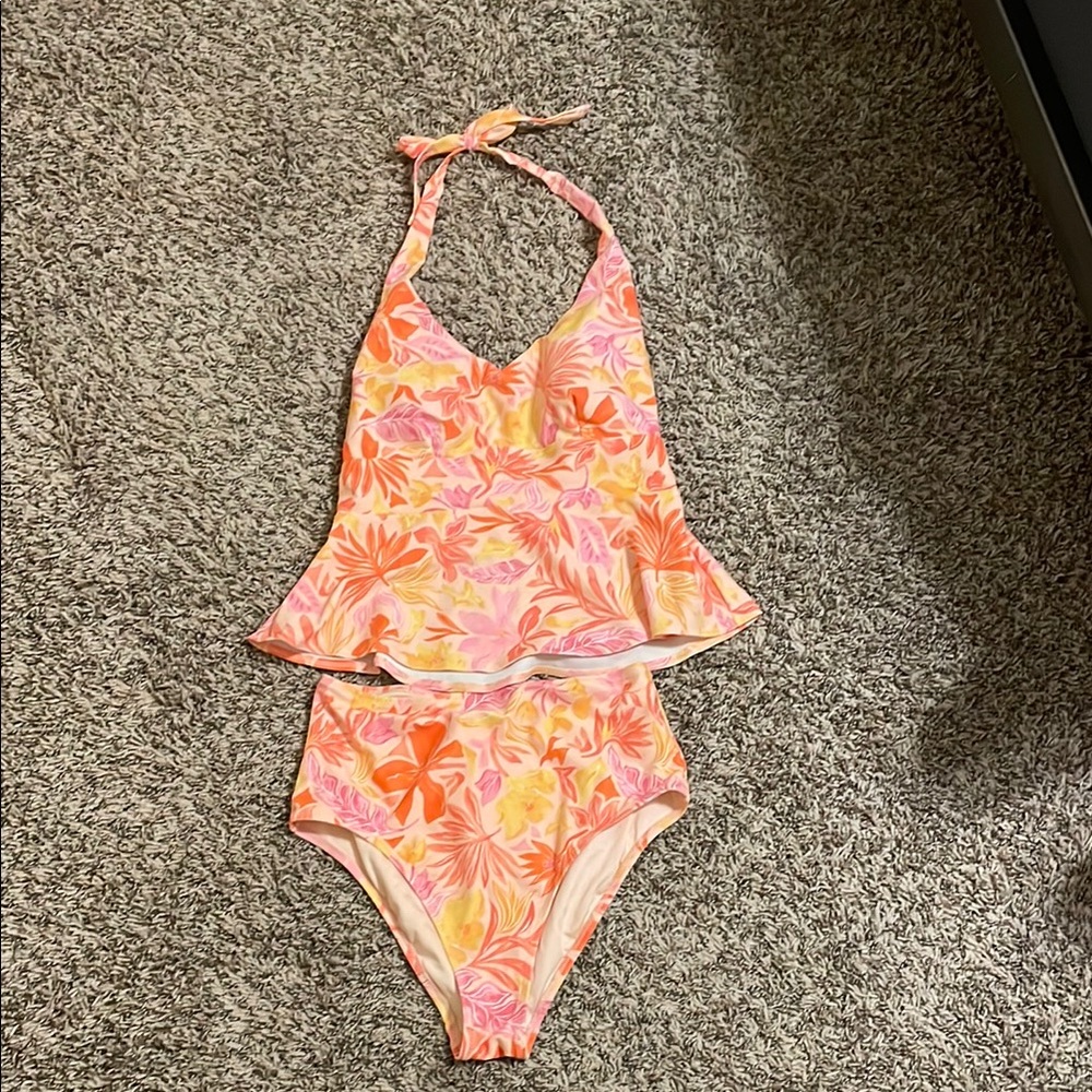 Floral Halter Tankini in Pink and Orange